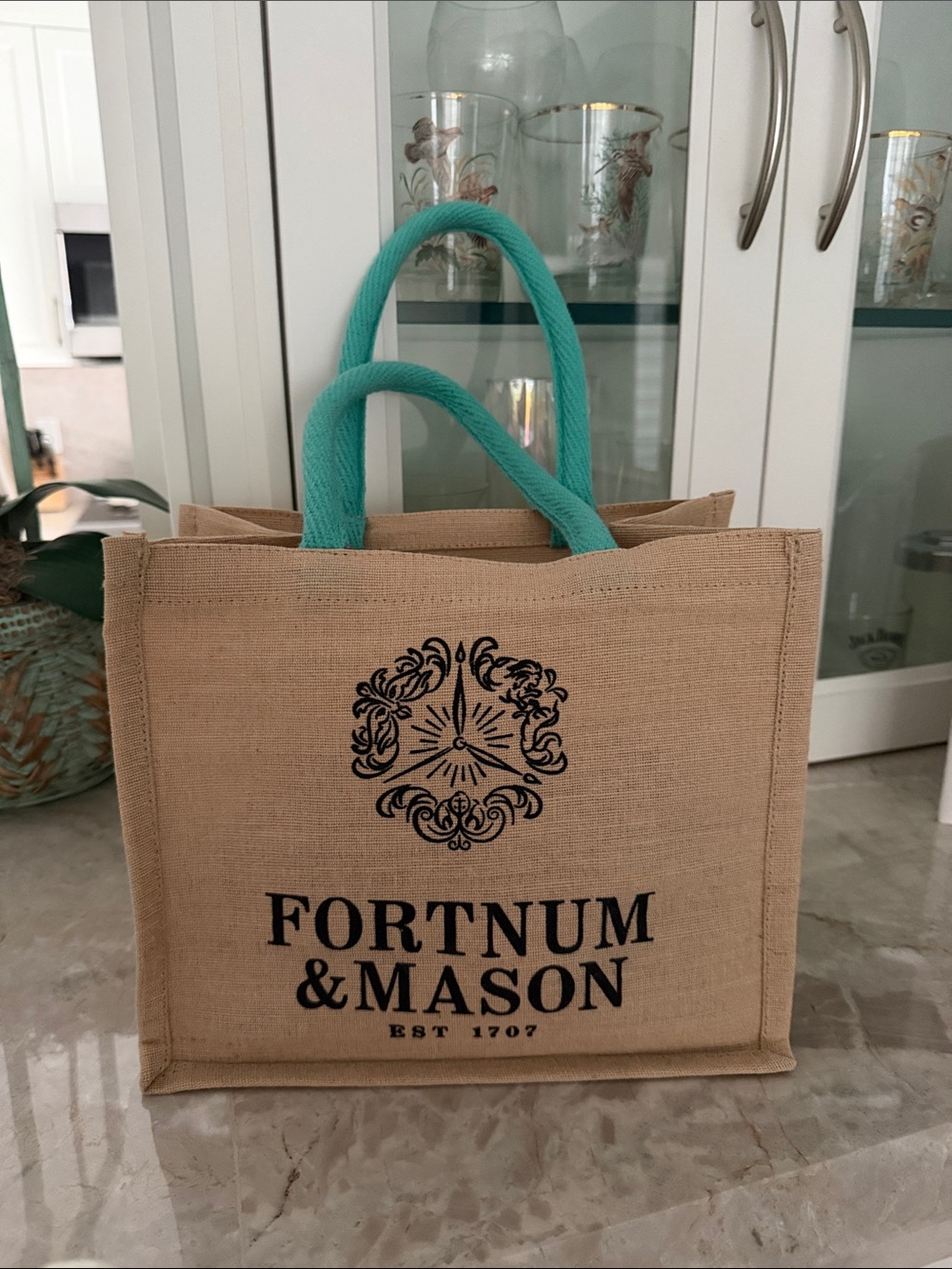 Fortnum & Mason Small Jute Tote Bag with Teal Handles Plastic Free